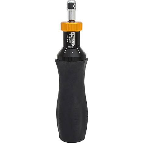 Schwarzer Drehmomentschlüssel mit orangenen und silbernen Akzenten, gummierter Griff. Aufschrift: KS TOOLS, 1-4 Nm.